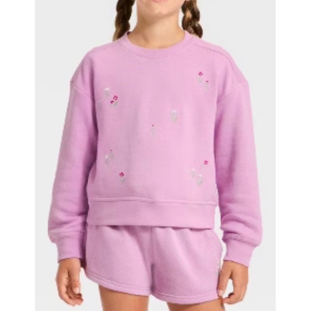 Cat & Jack NWT Girls Purple/Pink Embroidered Floral Relaxed Sweatshirt Size M 8
